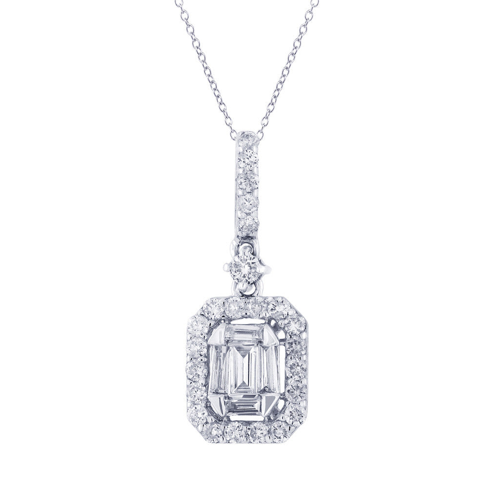 18 Karat gold baguette pendant with round diamonds & chain. Available in rose & yellow gold