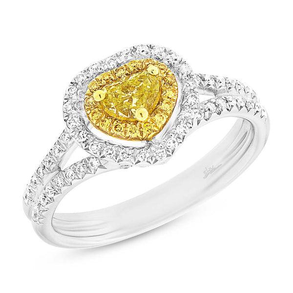 18 karat 2-tone engagement ring with double halo with heart shape yellow diamond