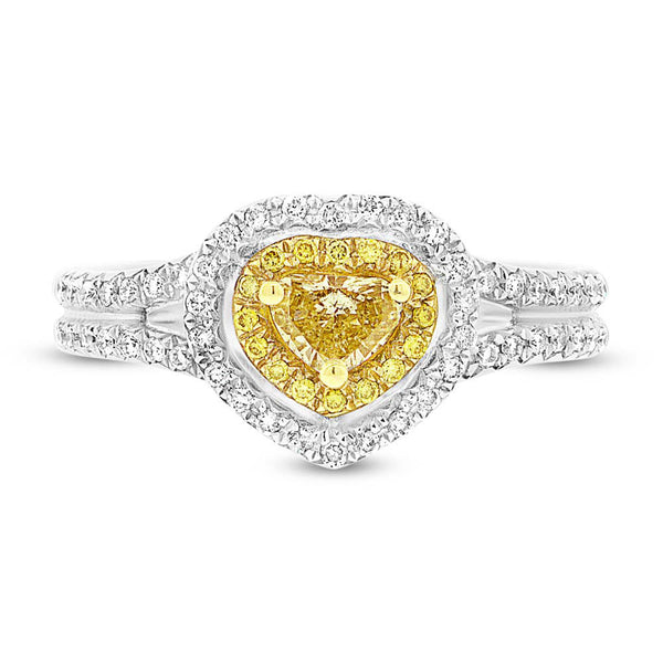 18 karat 2-tone engagement ring with double halo with heart shape yellow diamond