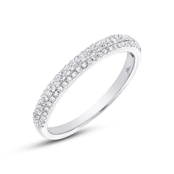 14 Karat white gold wedding band with three row micro pavet diamonds
