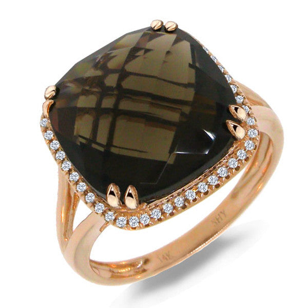 14 Karat yellow gold cushion checkered cut smoky topaz ring with diamonds