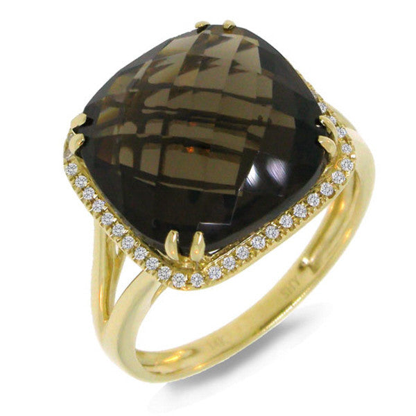 14 Karat yellow gold cushion checkered cut smoky topaz ring with diamonds