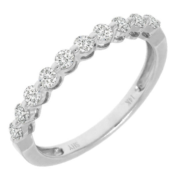 14 Karat white gold shared prong wedding band with round diamonds