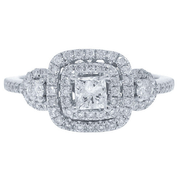 14 karat engagement ring with double halo and princess cut center