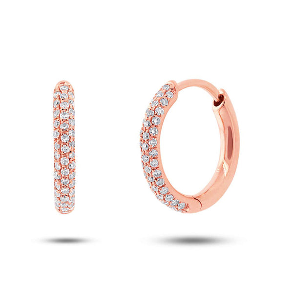 14 Karat gold huggie hoop earrings with three row diamonds