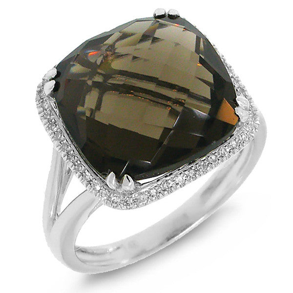 14 Karat yellow gold cushion checkered cut smoky topaz ring with diamonds