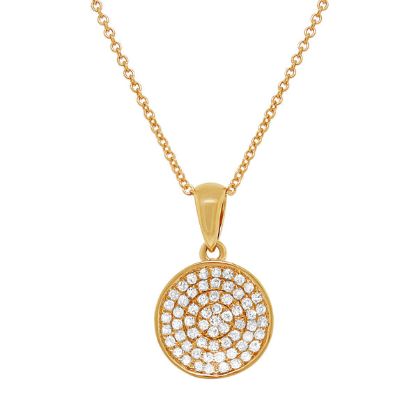 14 Karat gold button circle pendant with diamonds & chain. Available in rose & yellow gold