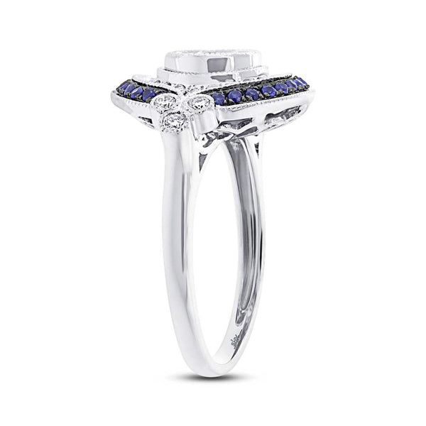 14 karat vintage engagement ring with round halo diamonds & natural sapphires