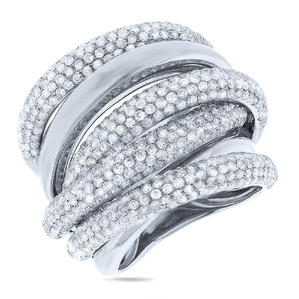 14 karat white gold wide multi band micro pave, bridge diamond ring