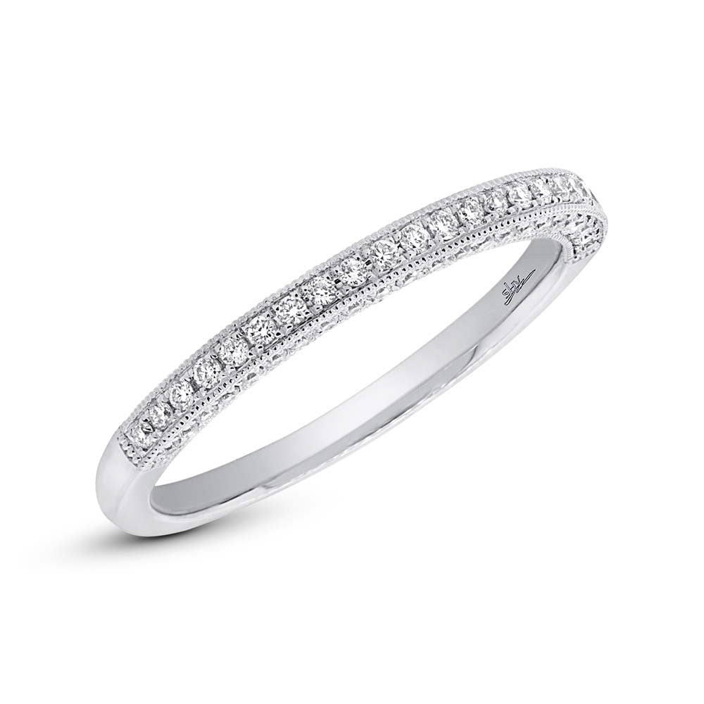 14 Karat white gold vintage straight wedding band with 3 sides diamonds