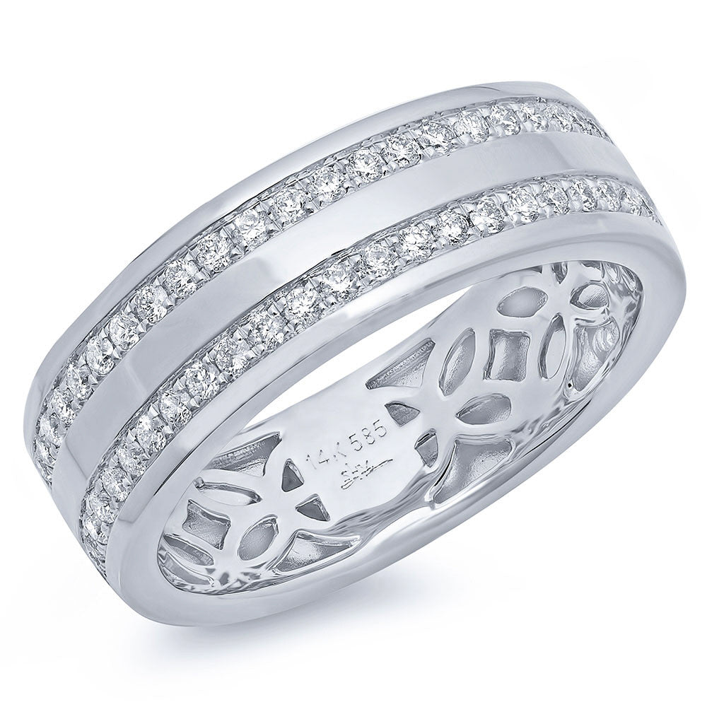 14 karat white gold man's ring with two row white diamonds.