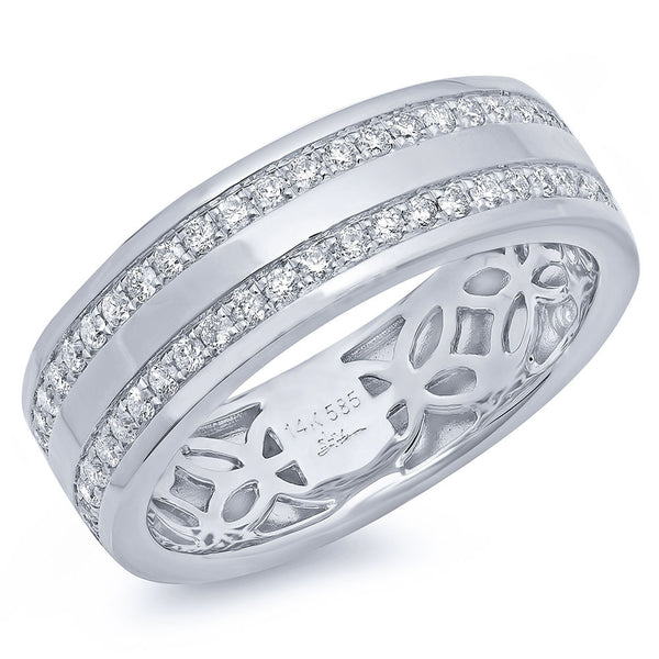 14 karat white gold man's ring with two row white diamonds.