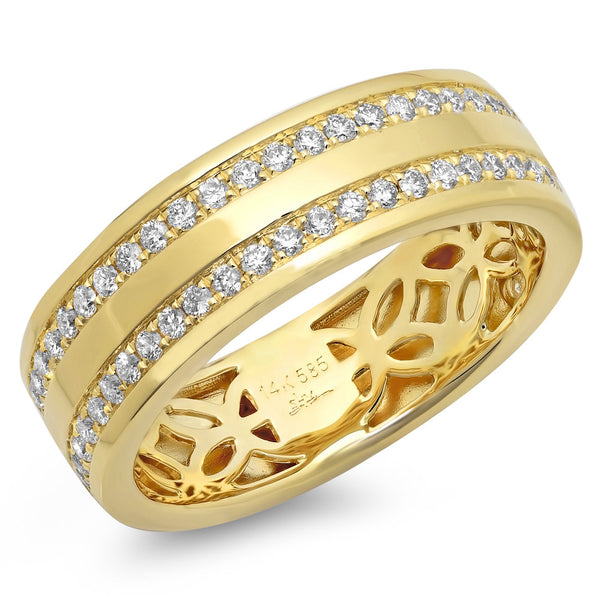 14 karat white gold man's ring with two row white diamonds.