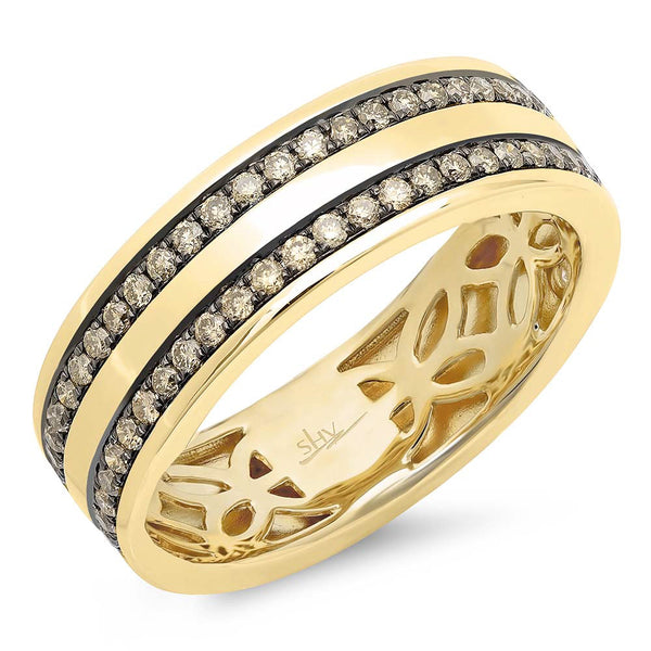 14 karat white gold man's ring with two row Champagne diamonds.