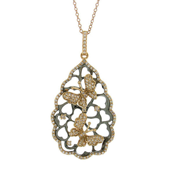 14 Karat gold vintage design butterfly pendant with round diamonds & chain. Black Rhodium