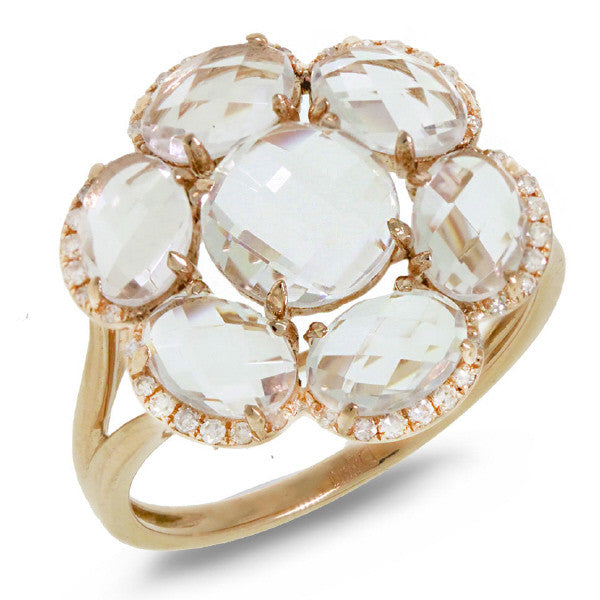 14 Karat yellow gold flower ring with white topaz & diamonds