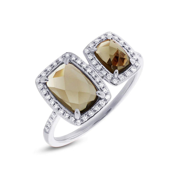 14 Karat white gold cushion checkered cut double smoky topaz ring with diamonds