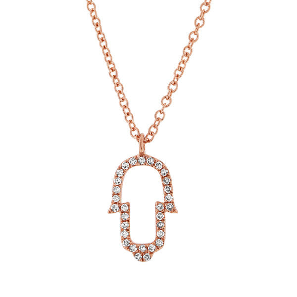 14 Karat gold Hmasa pendant with diamonds & chain. Available in rose & yellow gold