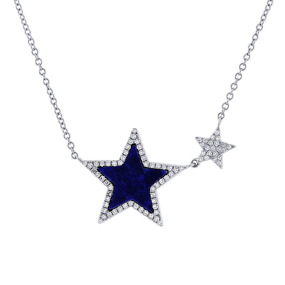 14 Karat white gold double star necklace with diamonds & Lapis