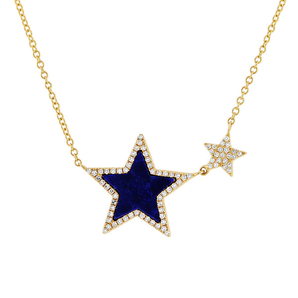 14 Karat white gold double star necklace with diamonds & Lapis