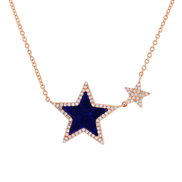 14 Karat white gold double star necklace with diamonds & Lapis