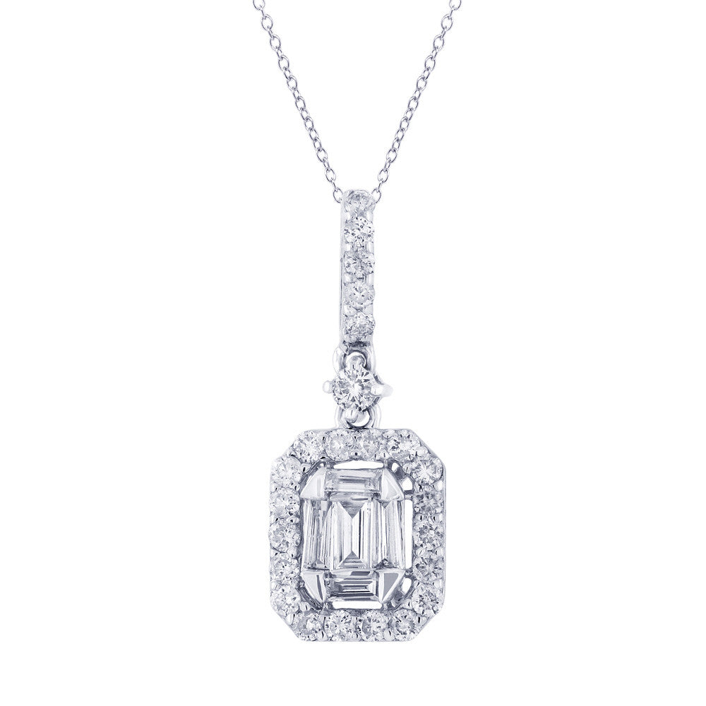 18 Karat gold baguette pendant with round diamonds & chain. Available in rose & yellow gold
