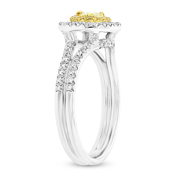 18 karat 2-tone engagement ring with double halo with heart shape yellow diamond
