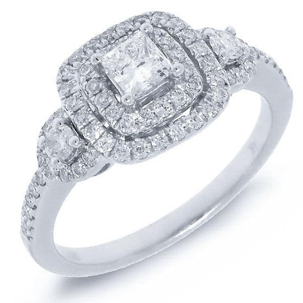 14 karat engagement ring with double halo and princess cut center