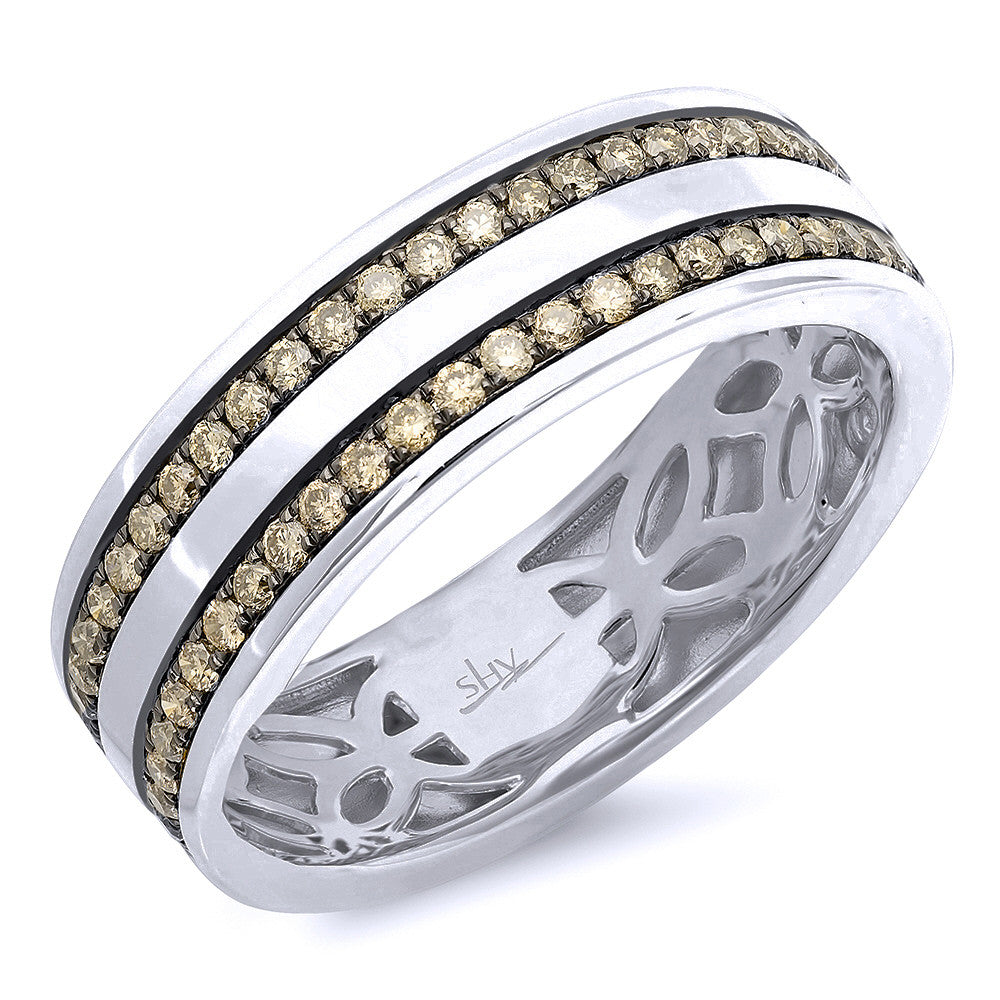 14 karat white gold man's ring with two row Champagne diamonds.