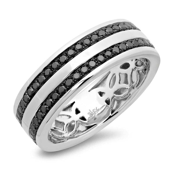 14 karat white gold man's ring with two row black diamonds.