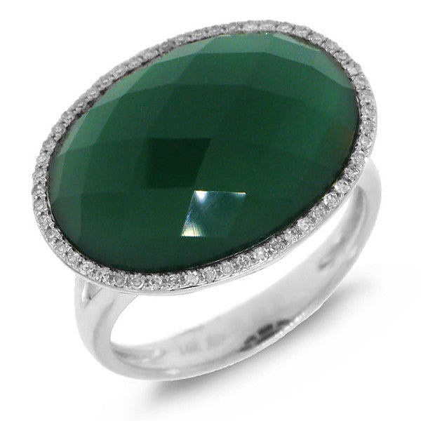14k Yellow Gold Ring with large Green Agate & diamonds