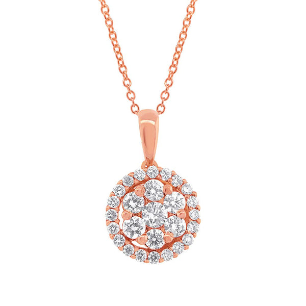 18 Karat gold round pendant with diamonds & chain. Available in rose & yellow gold