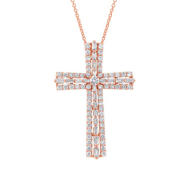 18 Karat yellow gold baguette and round diamond cross necklace