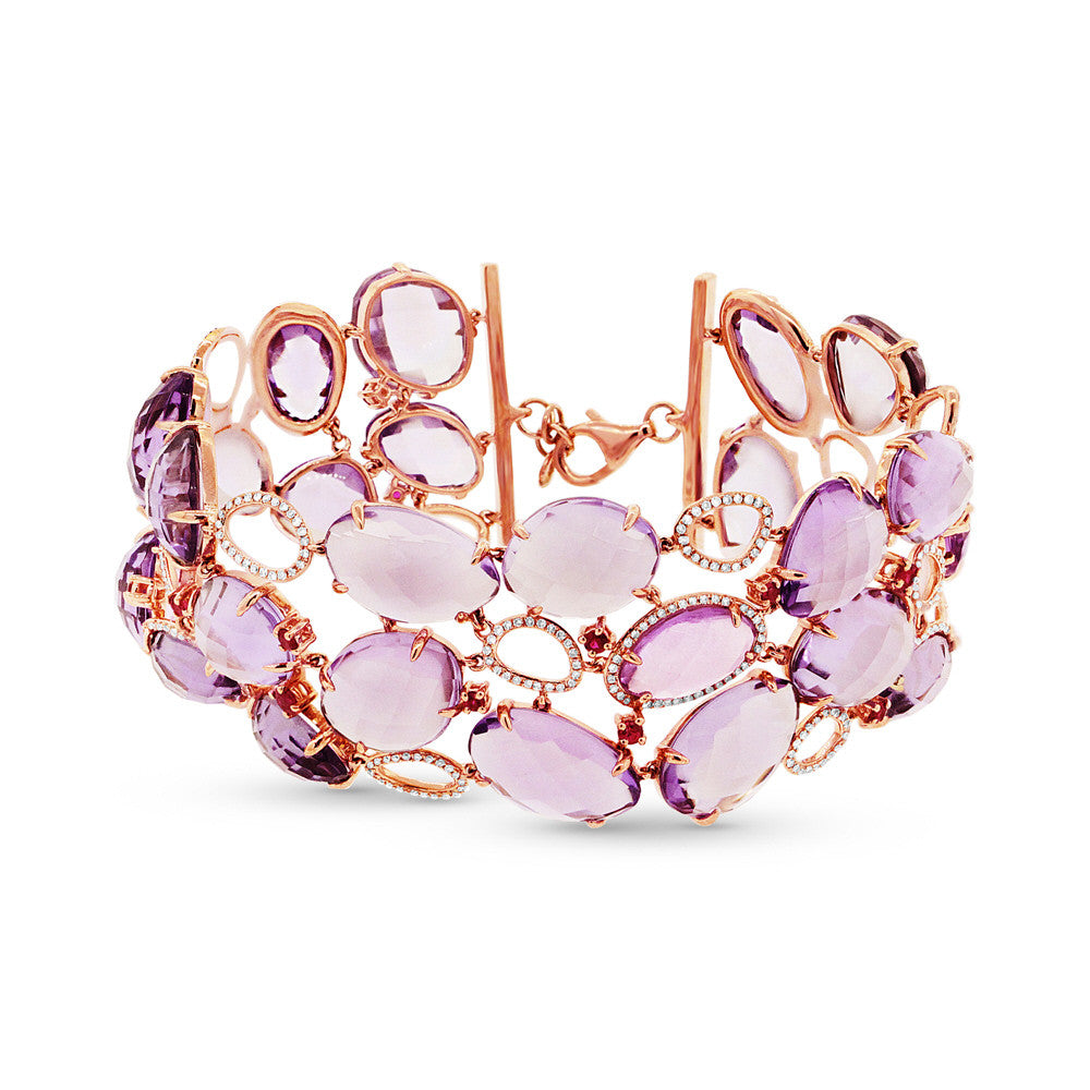 Wide Bangle bracelet with lavender amethyst, pink sapphires and pavet diamonds in rose gold.