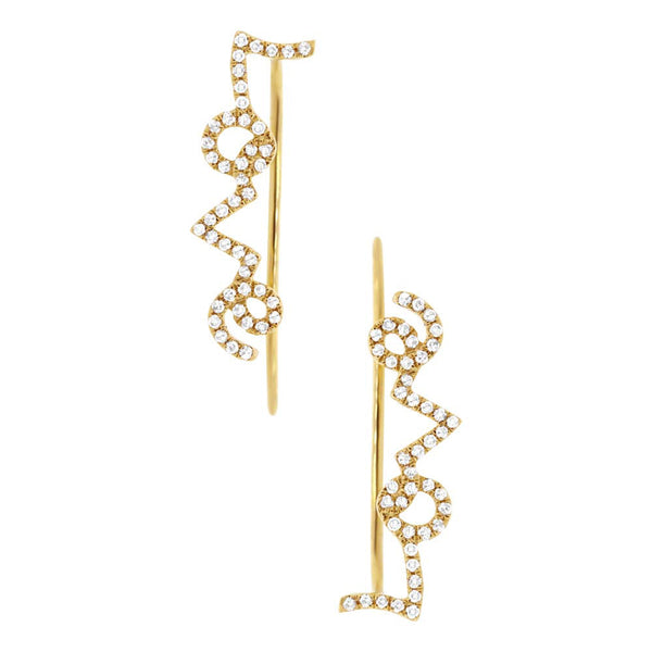 14 Karat gold LOVE ear crawler earrings with diamonds
