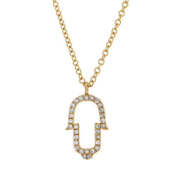 14 Karat gold Hmasa pendant with diamonds & chain. Available in rose & yellow gold