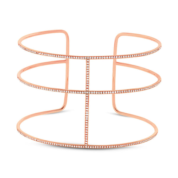 Bangle bracelet wide cuff with pavet diamonds in rose gold.