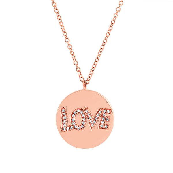 14 Karat gold Love pendant with diamonds & chain. Available in rose & yellow gold