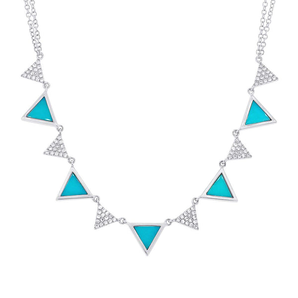 14 Karat white gold multi triangle necklace with diamonds & Turquoise